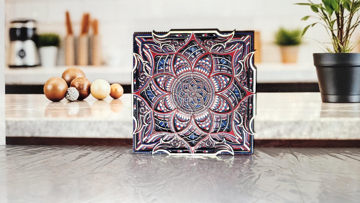 Enchanting Mandala Art Set of Four Hand-Painted Layered Pieces Vibrant Symmetry for Peaceful Home or Office Decor Display.