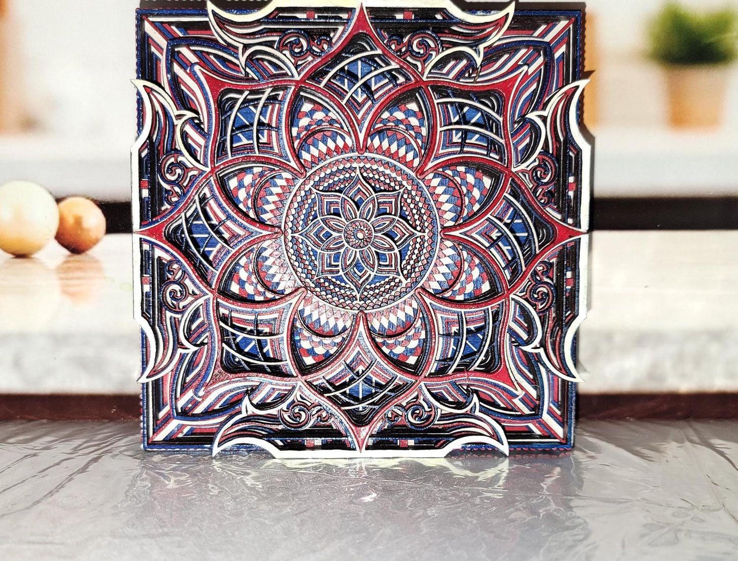Enchanting Mandala Art Set of Four Hand-Painted Layered Pieces Vibrant Symmetry for Peaceful Home or Office Decor Display.