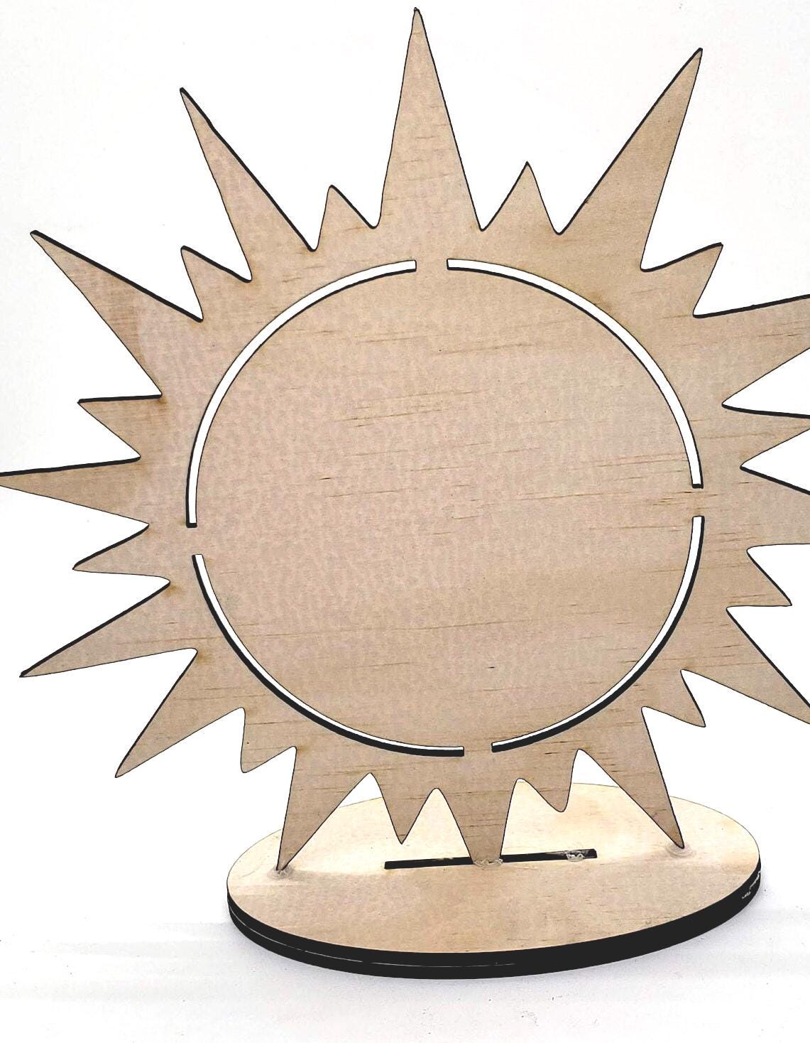 Laser-Cut Tabletop Sun-Face Display Unpainted Wood Stand with Cutout Center Ideal for Dotting Crafts, Ornament Holders, and Summer Projects