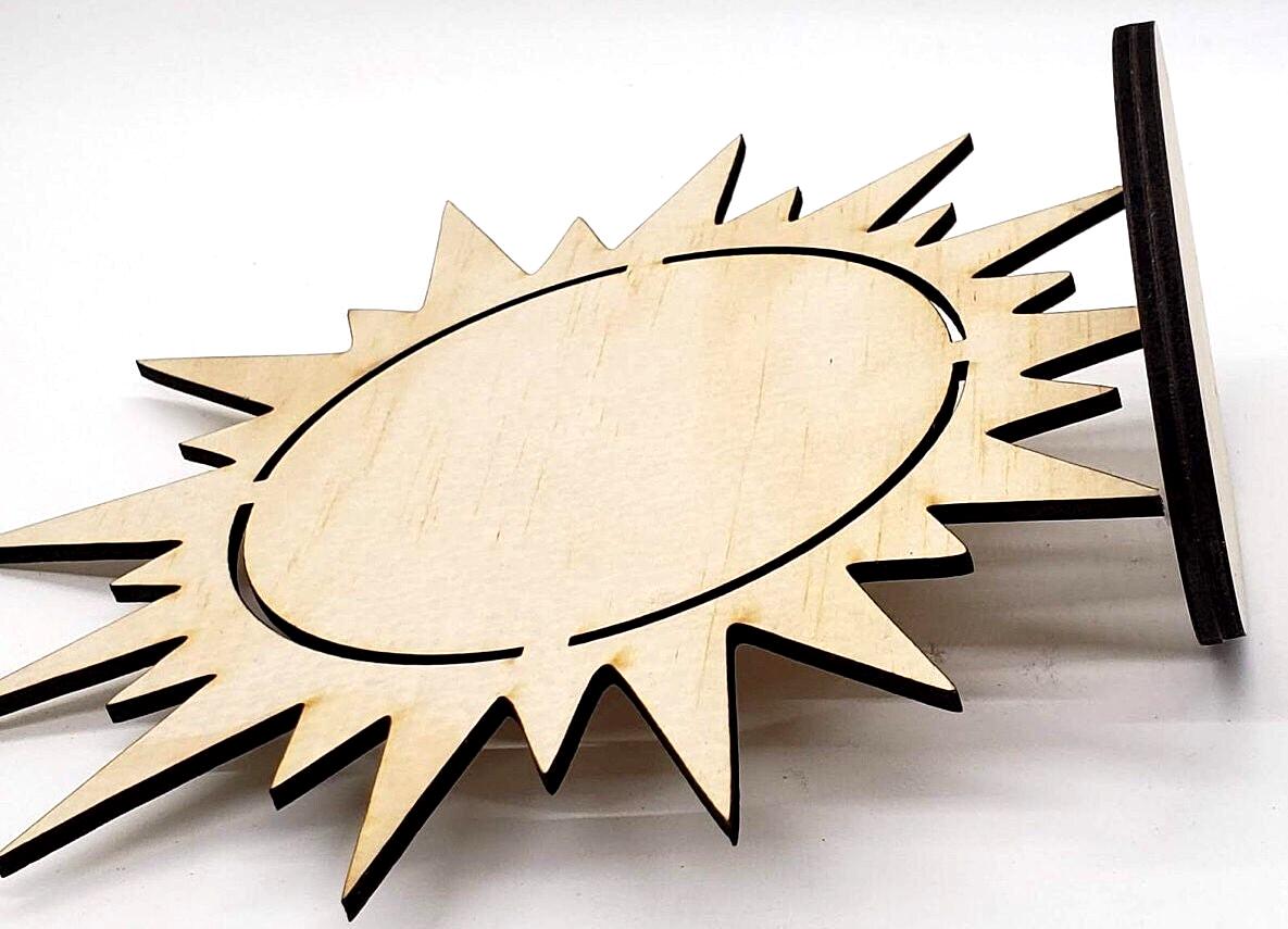 Laser-Cut Tabletop Sun-Face Display Unpainted Wood Stand with Cutout Center Ideal for Dotting Crafts, Ornament Holders, and Summer Projects