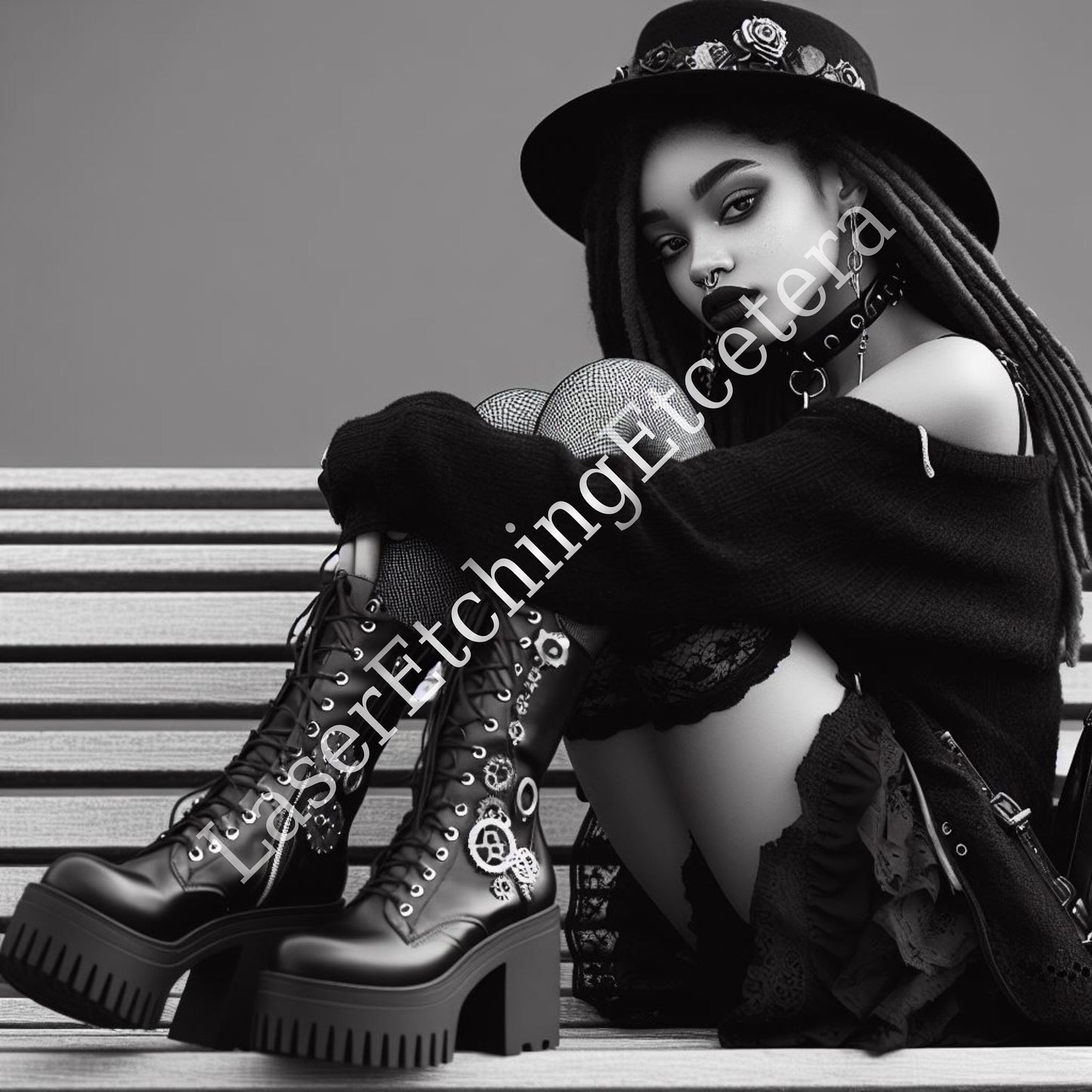 Goth Steampunk Digital Art Set Grayscale Portraits of Mysterious Ladies with Cat Includes 14 Unique Printable Images for Download. Buy now