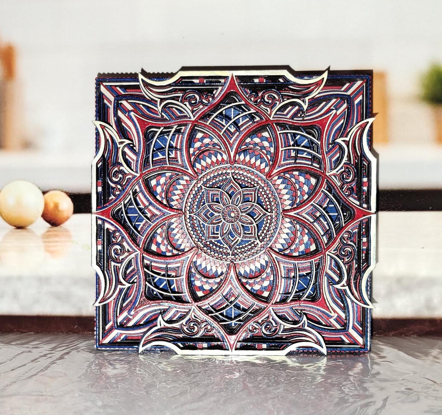 Enchanting Mandala Art Set of Four Hand-Painted Layered Pieces Vibrant Symmetry for Peaceful Home or Office Decor Display.