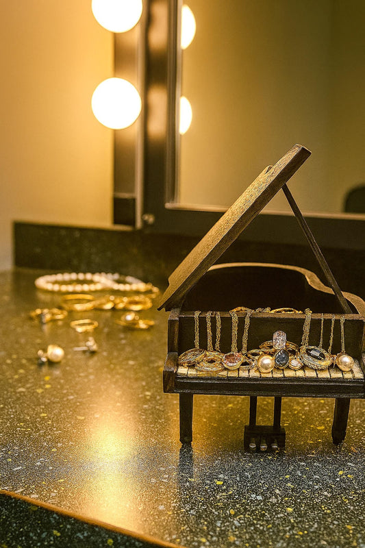 Looking for a distinctive gift for a pianist or music lover? This handcrafted jewelry box is a miniature replica of a classical grand piano — elegant, functional, and full of charm.
Made from solid MDF wood and finished in matte black with a thick polyurethane seal, it features realistic details: piano keys, pedals, and a lid that opens to reveal a jewelry compartment. We’ve reinforced the legs and foot pedals for added stability, and offer a double-thick lid option to prevent warping over time.