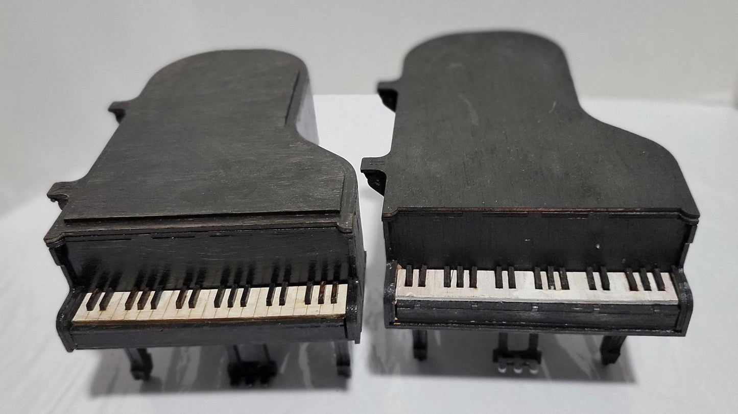 Miniature grand piano jewelry box in matte black MDF with lid, pedals & keys. Heirloom-quality gift handcrafted in Fowlerville, Michigan.
