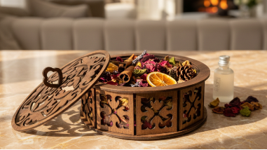 Immerse yourself in the world of unparalleled elegance as we unveil the Walnut Wonder Potpourri Holder, a masterpiece artfully positioned within a breathtaking, luxurious home environment. This exquisite piece is not just a decorative item; it is a statement, a testament to refined taste, and a symbol of the sophistication that defines exceptional living.